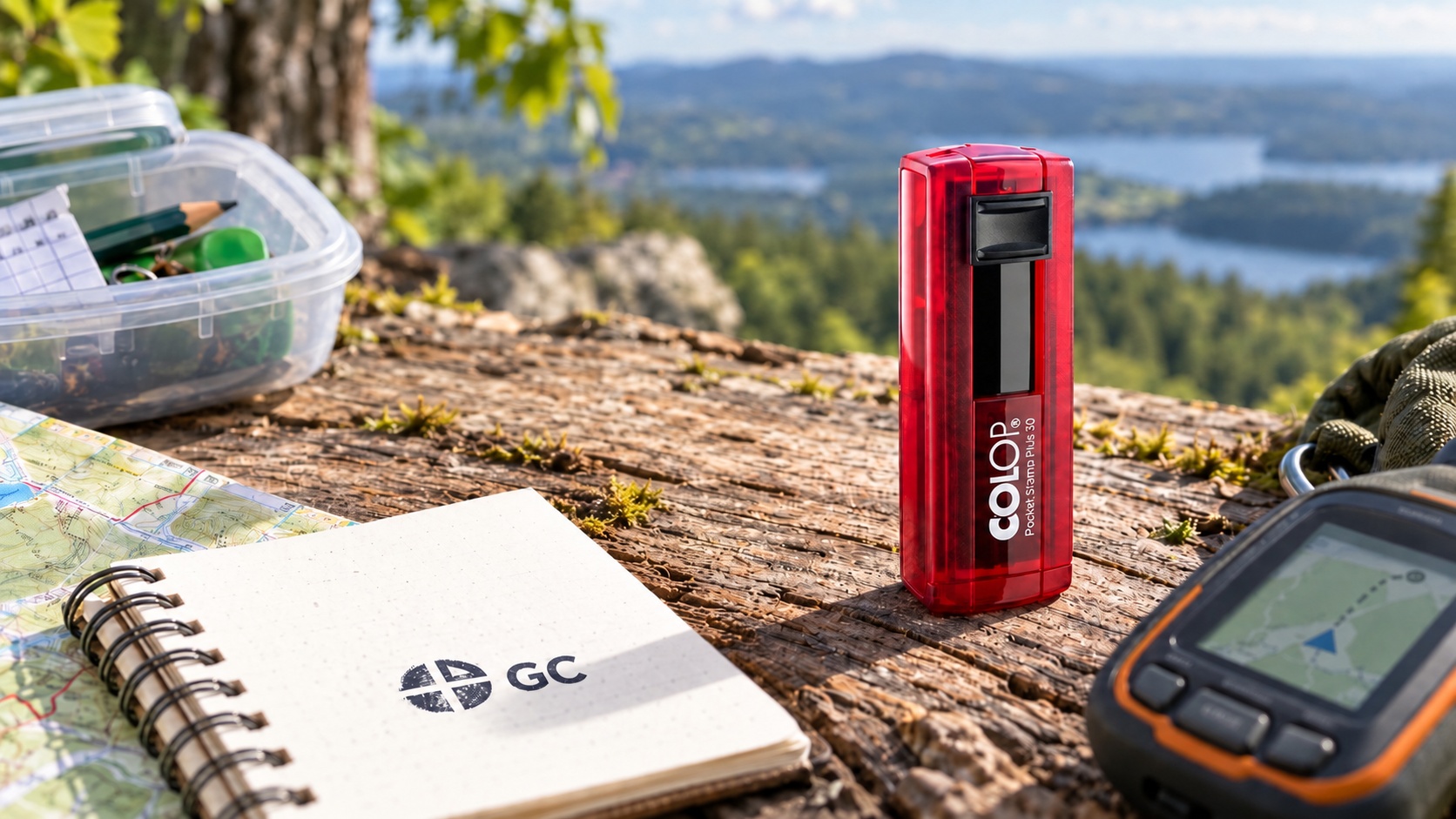 Roter Colop-Taschenstempel für Geocaching neben Landkarte und Logbuch